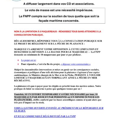 Communiqué de la FNPP sur l&rsquo;enquète publique concernant le quota de 5 maquereaux